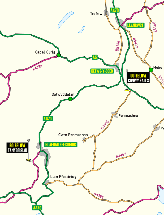 Location map of Go Below Underground Adventures and Conwy Falls Cafe